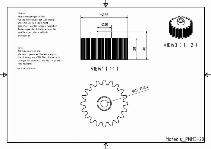 PA Rakt kugghjul Modul 3, 20 kuggar, bredd 30 mm - Hål 10 mm

