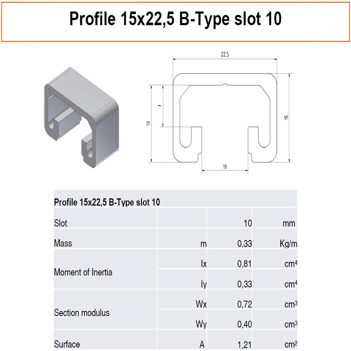 Profil 15x22,5 B-typ spår 10 har en slits med en bredd på 10 mm och ett spårdjup på 13 mm.Profil tillverkad av anodiserad aluminium 