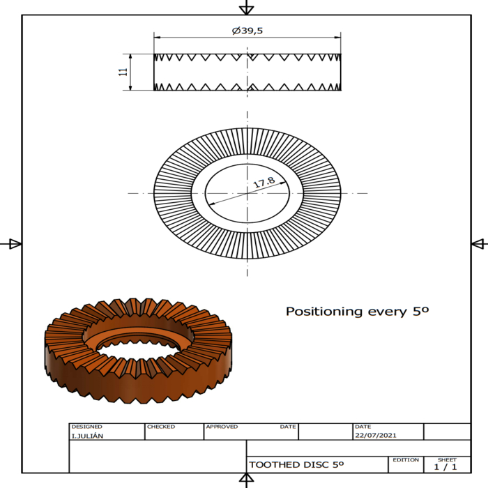 Toothed Disc made of plastic, positioning every 5°